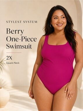 Stylest DreamSculpt Square Neck One Piece Swimsuit Berry 2X Sculpting